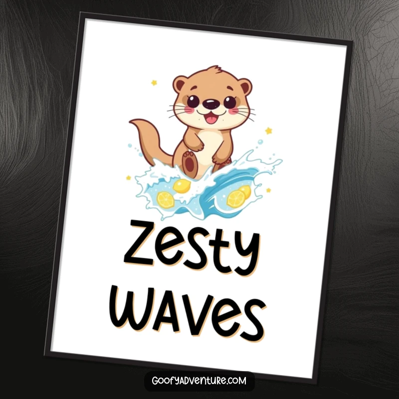 Funny otter character exhilaratingly surfing a fizzy wave of lemonade, presented as a digital art print for immediate enjoyment.