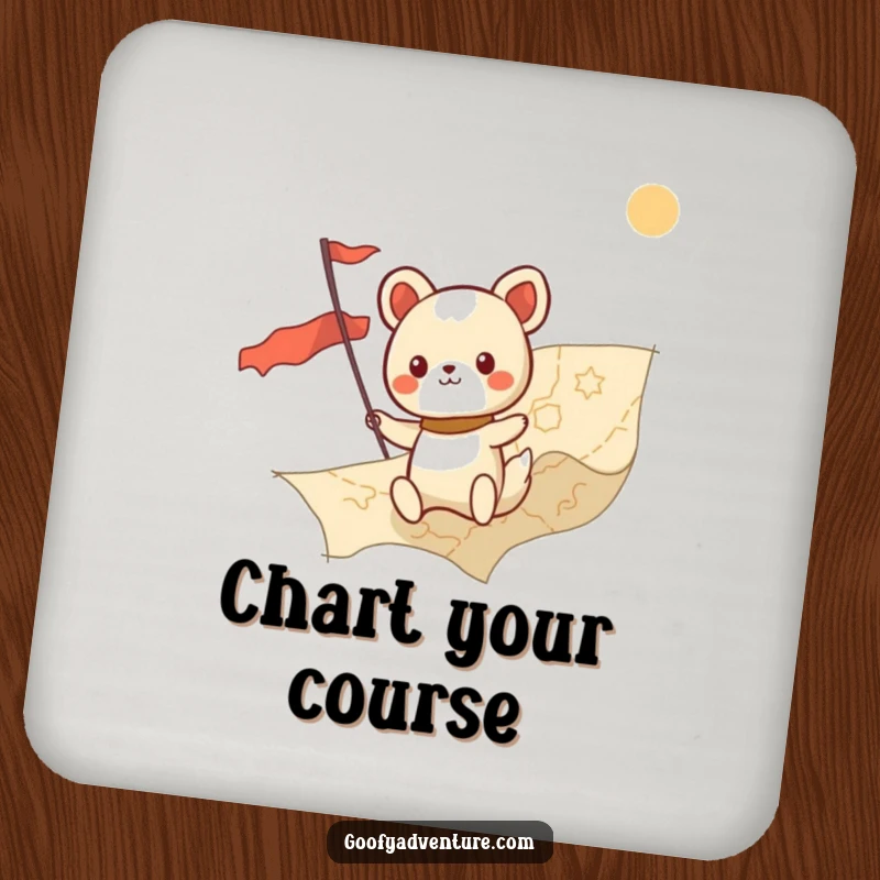 Funny kawaii animal character charting a course on a giant map, a humorous and functional drink coaster.