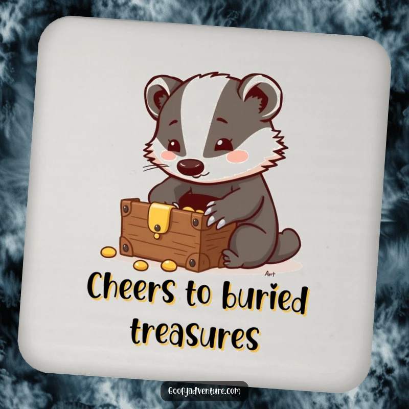 Funny Badger Coaster: A clever badger discovers a hidden treasure chest, offering protection and a hint of treasure to your drinks.