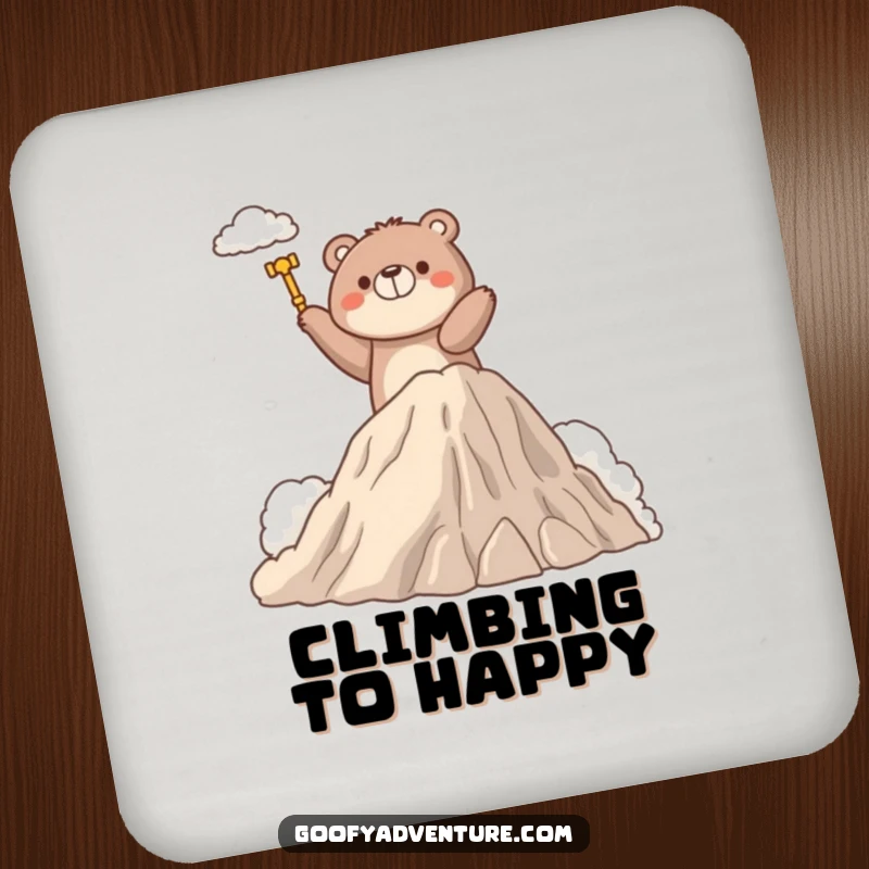 Funny drink coaster depicting a determined bear character climbing a fluffy cloud mountain, offering surface protection with ambition.