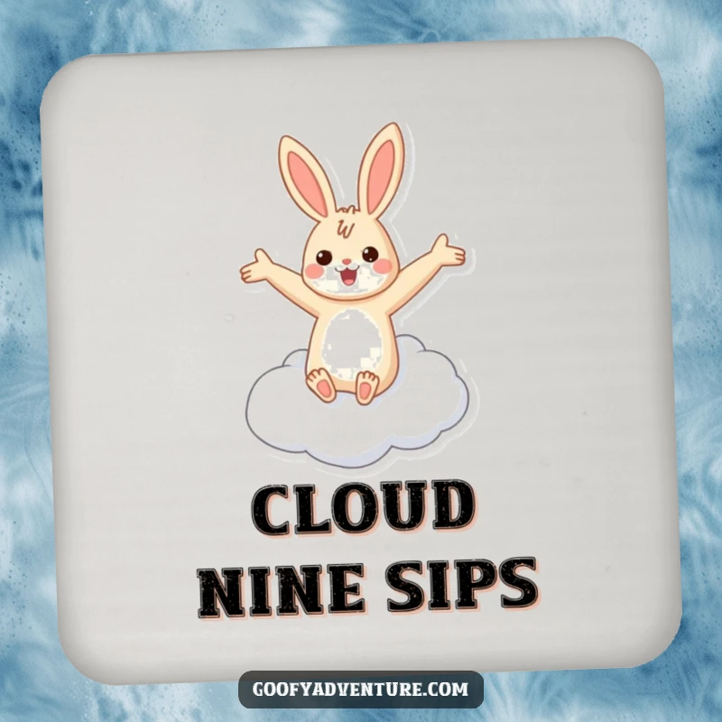 Funny rabbit flying cloud drink coaster with a cheerful rabbit riding a cloud with outstretched arms.