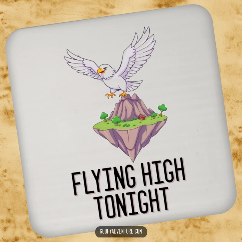 Funny eagle soaring over a fantastical floating island, protective drink coaster, fantasy theme, humorous accessory.