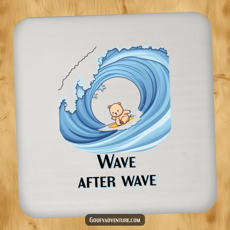 Funny bear cub surfing drink coaster with a cute cub riding a giant wave.