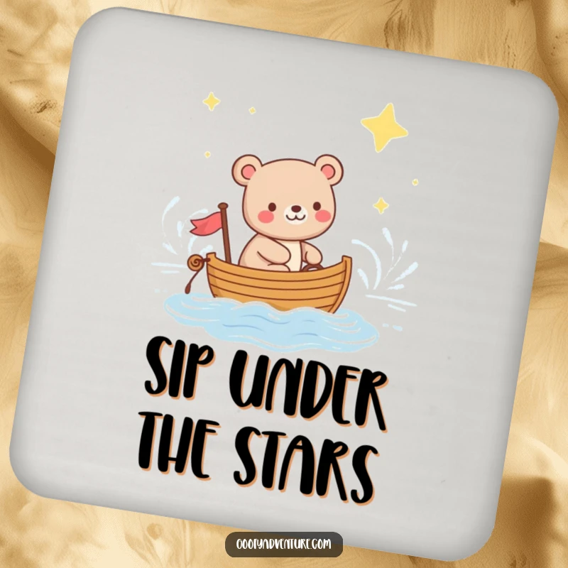 Funny drink coaster with a happy bear sailing a boat across a starry ocean, protecting your table with celestial charm.