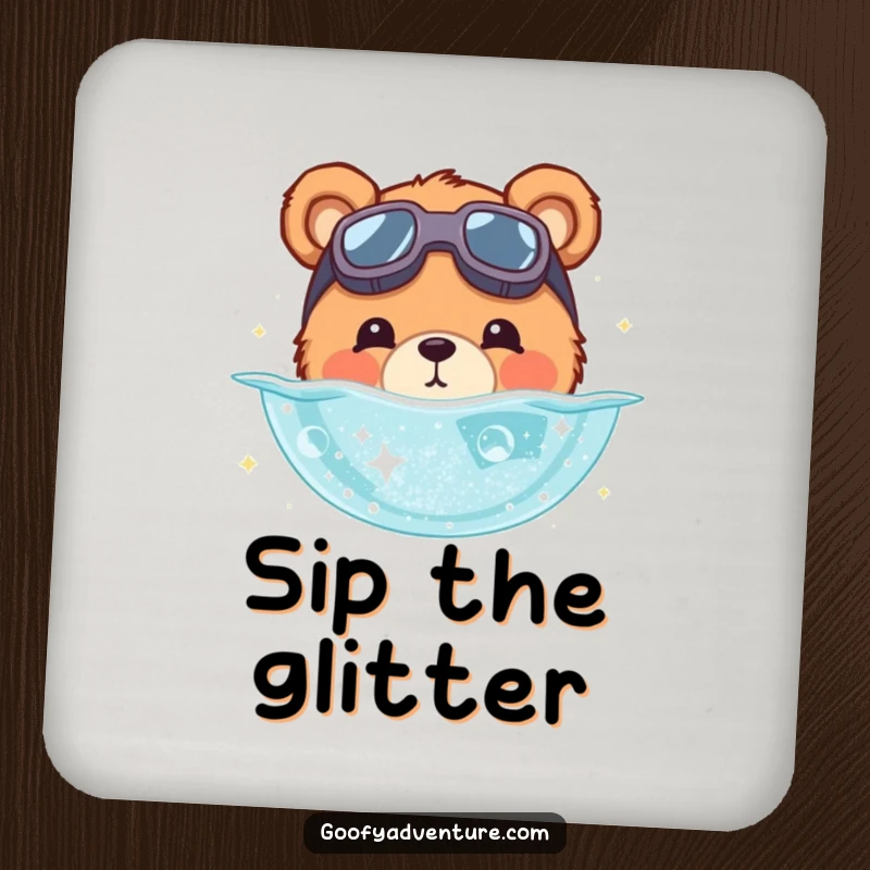 Funny bear coasters depicting a cute bear with goggles diving into a pool of shimmering stardust. Protects surfaces with charm.