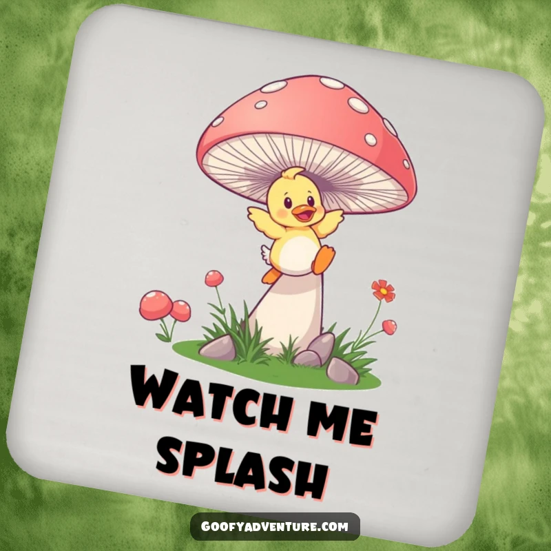 Funny duckling mushroom coaster, a playful duckling launching from a giant, springy mushroom, protecting surfaces with charm.