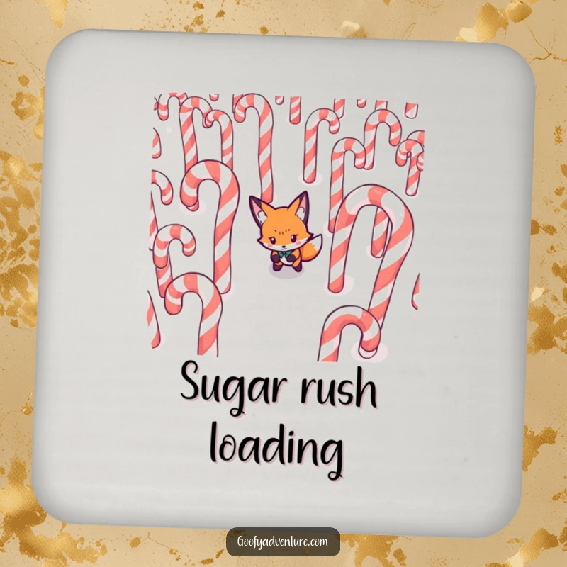 Funny Fox coaster, determinedly navigating a maze made of giant candy canes, protecting surfaces with witty style.