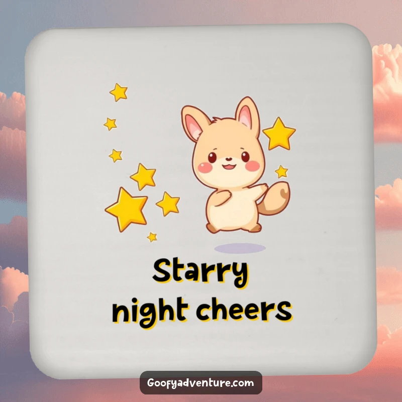 Funny kawaii animal character happily chasing after a series of drifting stars, a protective and humorous drink coaster.