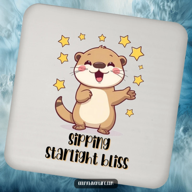 Funny Otter Drink Coaster: A playful otter character enthusiastically juggling flying stars, adding cosmic whimsy.