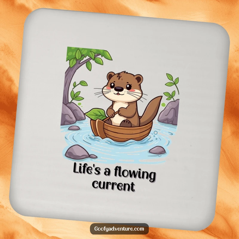Funny Otter Coaster: A determined otter pilots a leaf boat down a river, adding humor and protection to your drinks.