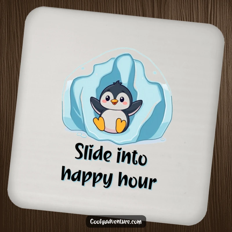 Funny playful penguin sliding down an icy glacier, protective drink coaster, winter theme, humorous accessory.
