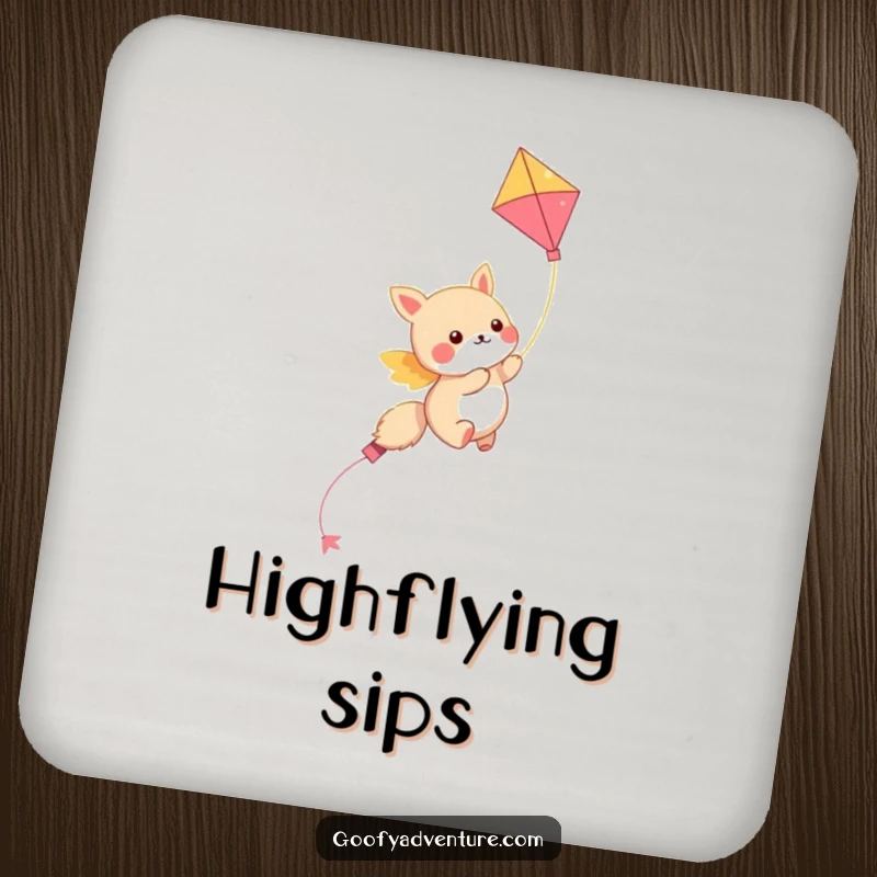 Funny kawaii animal character soaring through the sky on a colorful kite, a protective and humorous drink coaster.