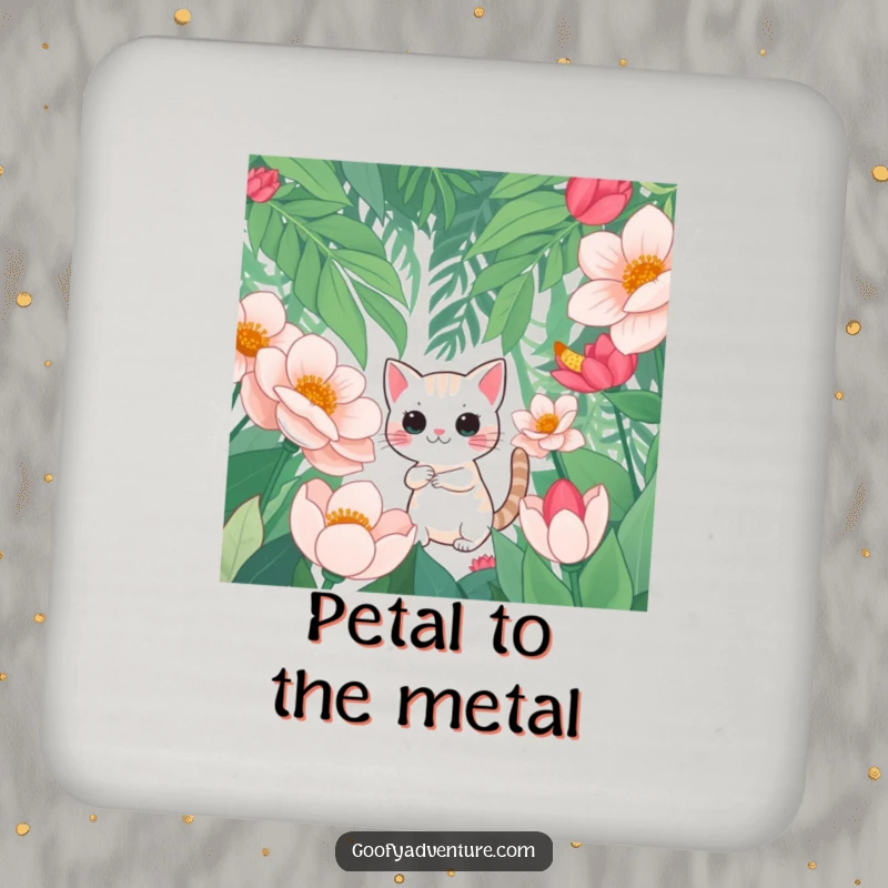 Funny drink coaster featuring a curious cat character exploring a jungle of oversized flowers, offering surface protection with whimsical flair.