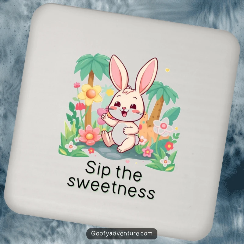 Funny happy bunny character exploring a candy-colored jungle, designed on a drink coaster for adding sweet charm.