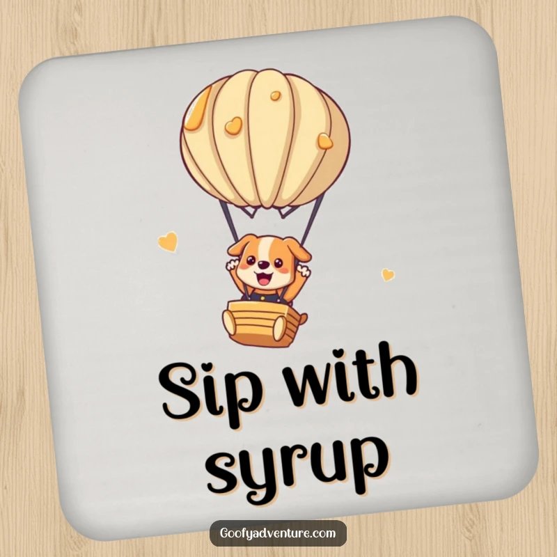 Funny dog coasters depicting a playful dog parachuting from a pancake hot air balloon. Protects surfaces with humor.