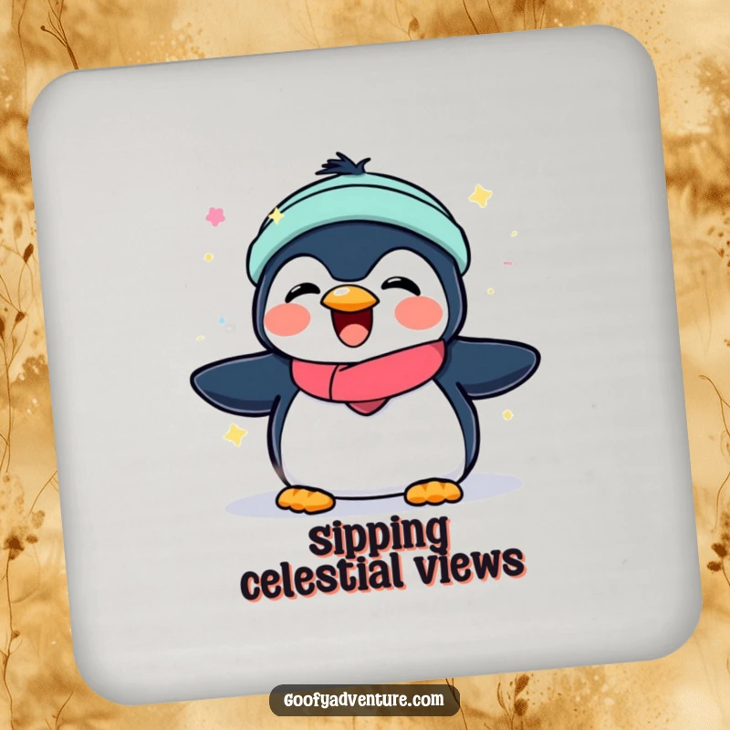 Funny coaster with a joyful penguin playing under the aurora borealis lights, a humorous way to protect surfaces.