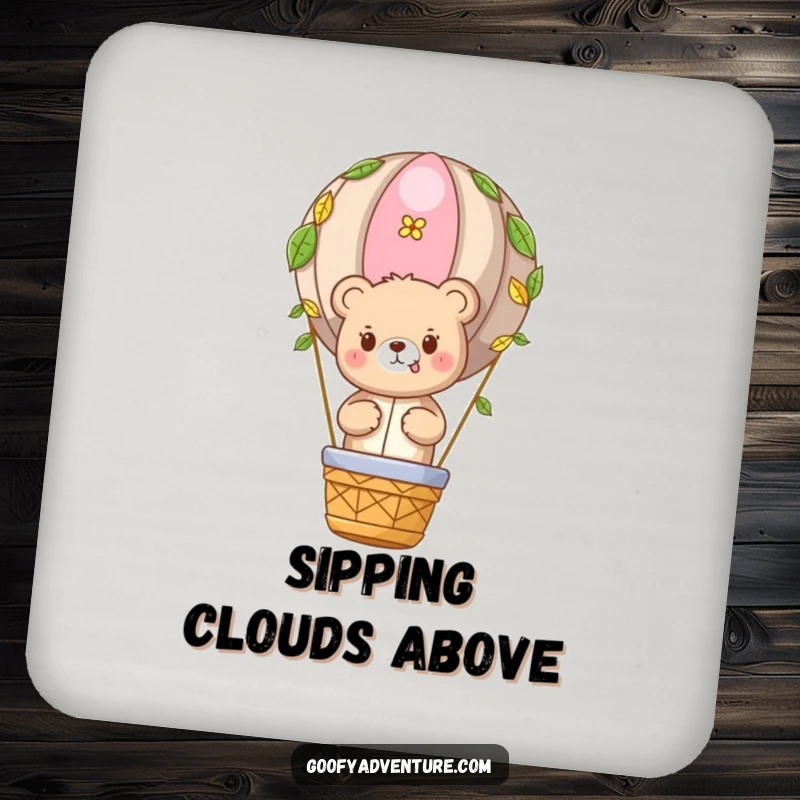 Funny Bear Balloon Coaster: Cute bear character in a hot air balloon, a humorous and protective drink accessory.