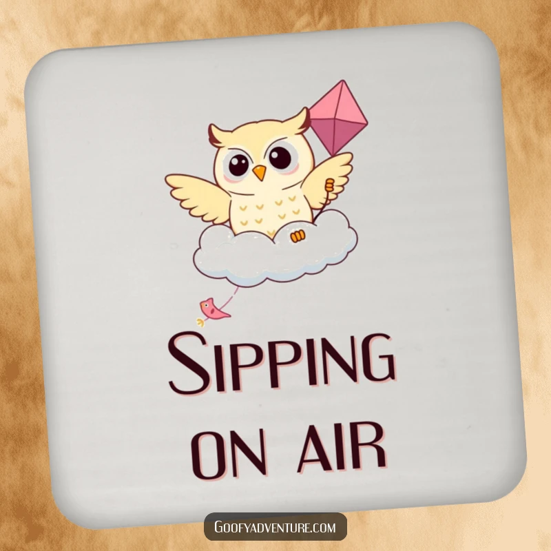 Funny Kawaii owl flying on a friendly cloud-shaped kite on a drink coaster, adding charm and protection.