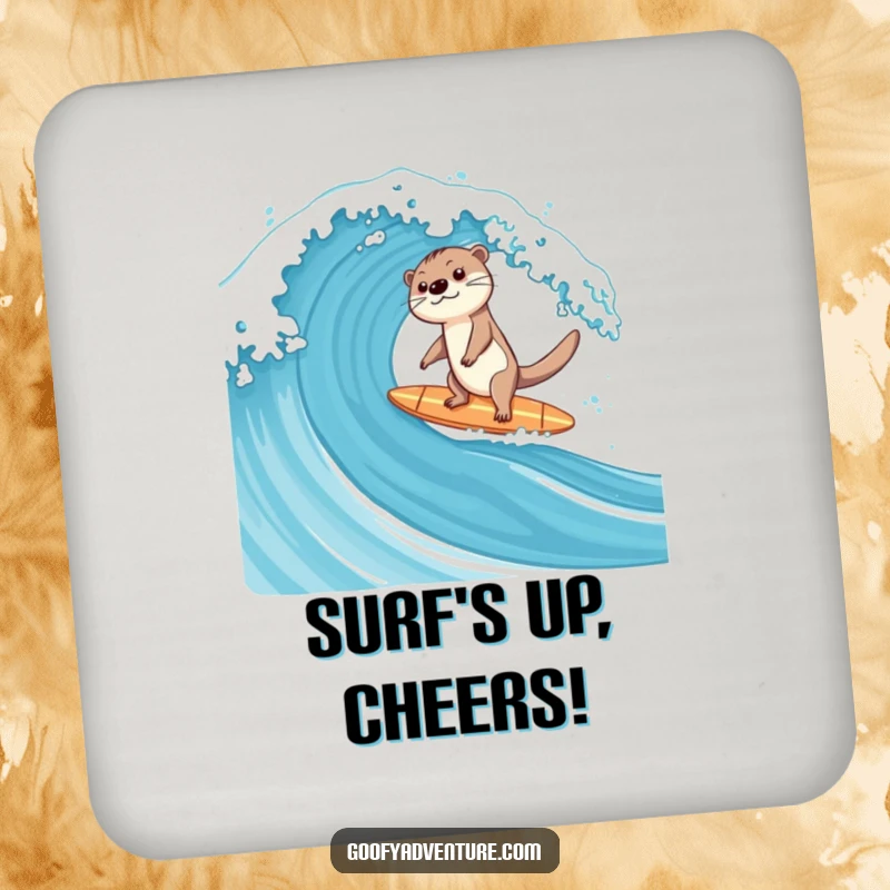 Funny set of coasters showcasing a happy otter on a surfboard, riding a giant ocean wave.
