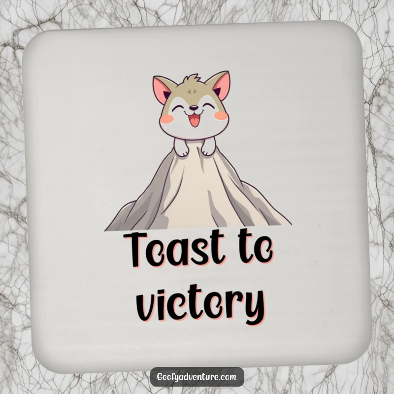 Funny drink coaster showing a playful animal character determinedly scaling a mountain peak with a grin, protecting surfaces.