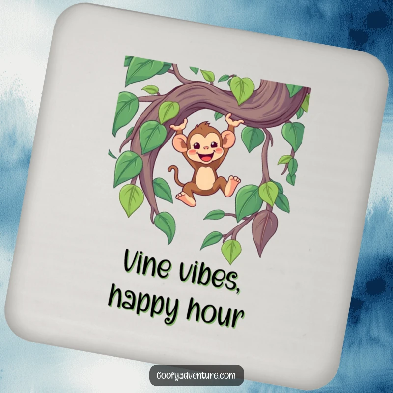Funny set of coasters featuring a cheerful monkey character swinging from a giant, whimsical jungle vine.