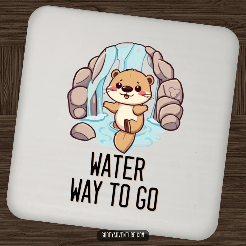 Funny coaster set with a playful otter sliding down a waterfall entrance, protecting surfaces with aquatic fun and playful charm.