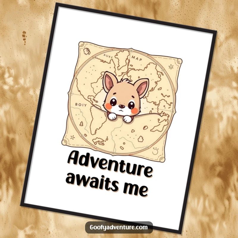Funny poster of a curious animal peeking from behind a giant, ancient map, creating a mysterious and engaging focal point.
