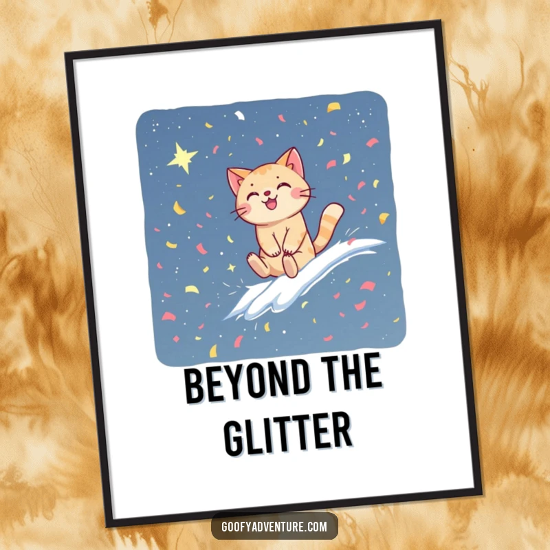 Funny cat poster of a happy cat soaring on a vibrant confetti wave against a backdrop of a vast, star-studded galaxy. Whimsical art.