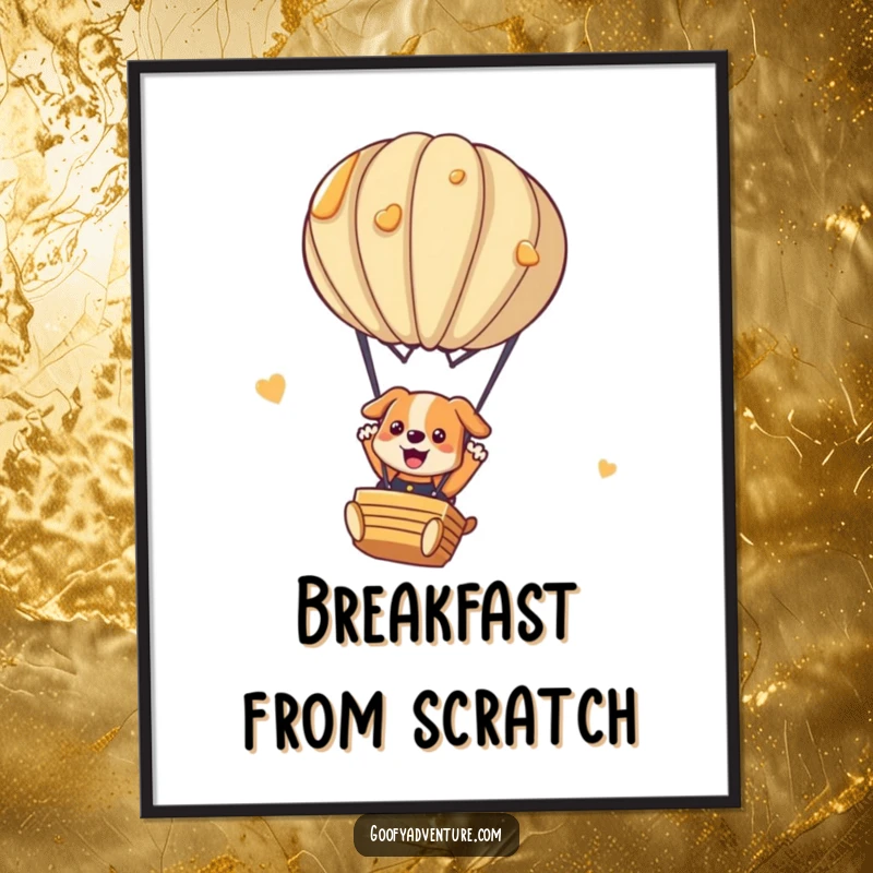 Funny dog poster of a playful dog parachuting from a hot air balloon made of delicious pancakes. Hilarious breakfast art.