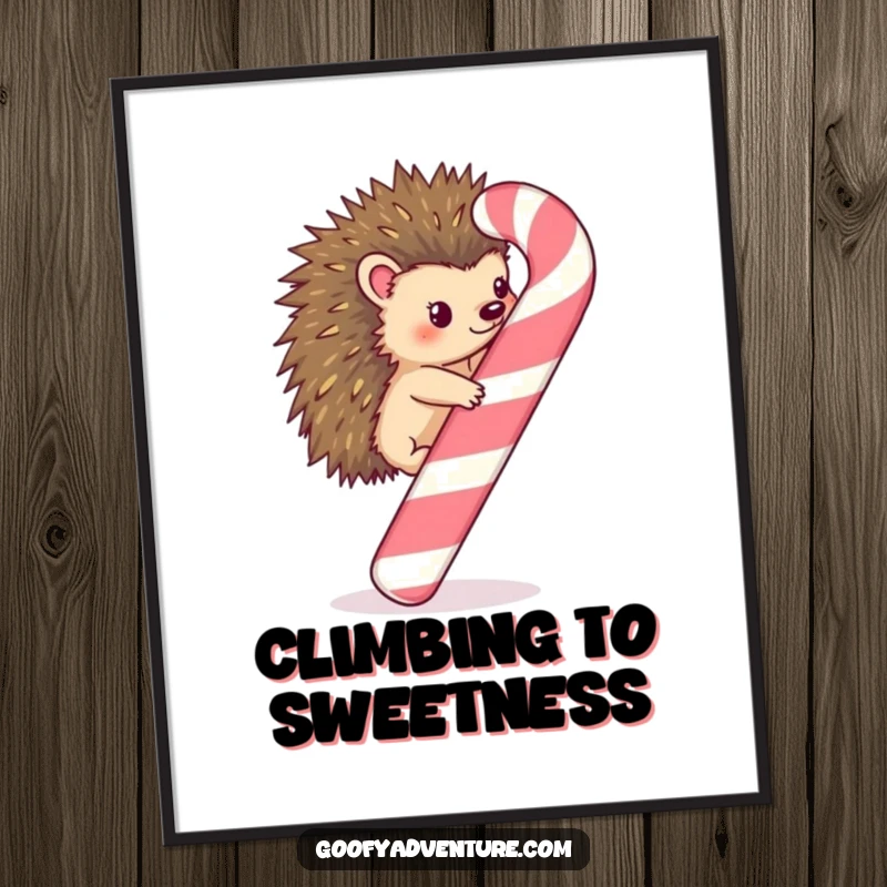 Funny Kawaii hedgehog ascending a giant, whimsical candy cane on a poster, bringing sweet holiday vibes.