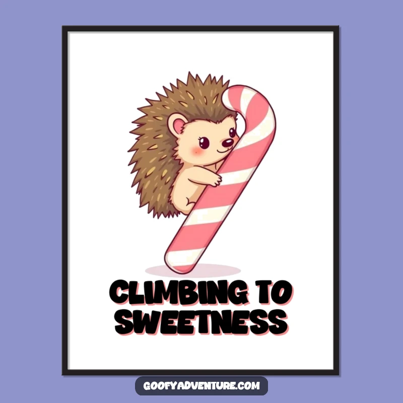Funny Kawaii Hedgehog Candy Cane Climb Poster - Whimsical Holiday Decor