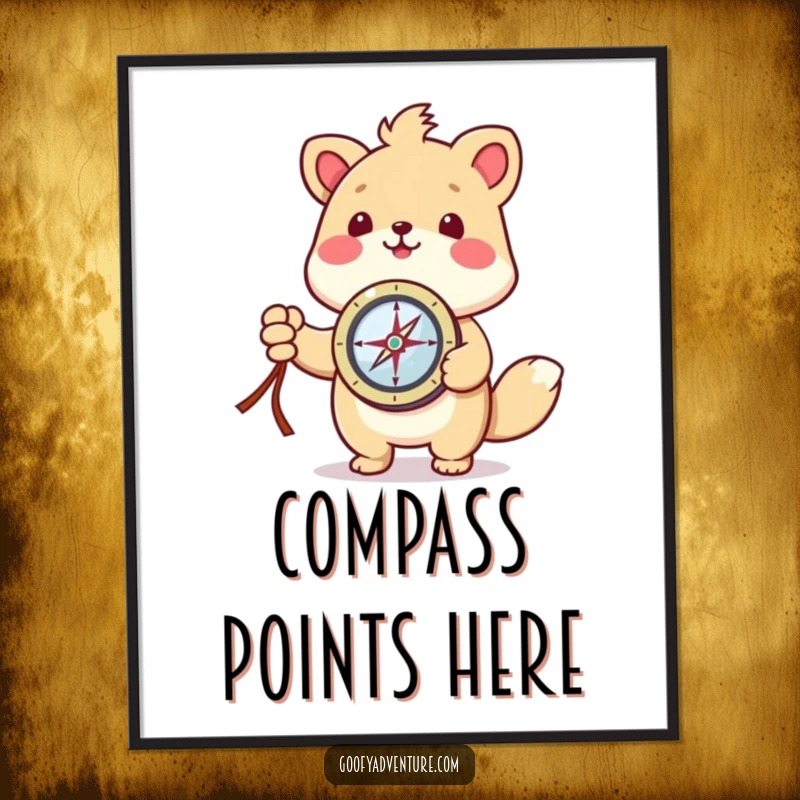 Funny kawaii animal character excitedly pointing with a compass towards an unknown destination, vibrant poster art.