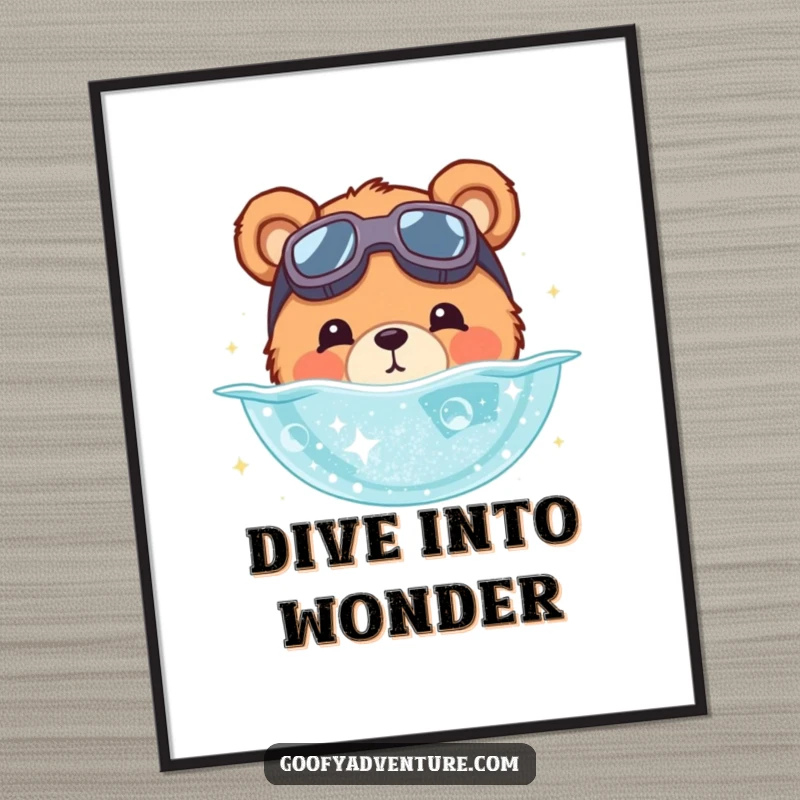Funny bear poster of a cute bear wearing goggles, diving into a pool of shimmering stardust. Adorable cosmic wall art.