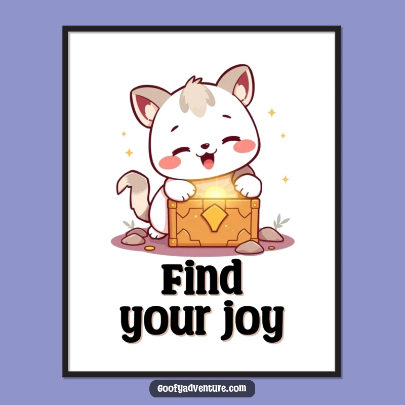 Funny Kawaii Animal Treasure Poster: Glowing Chest Art, Excited Discovery Design, Gift Idea