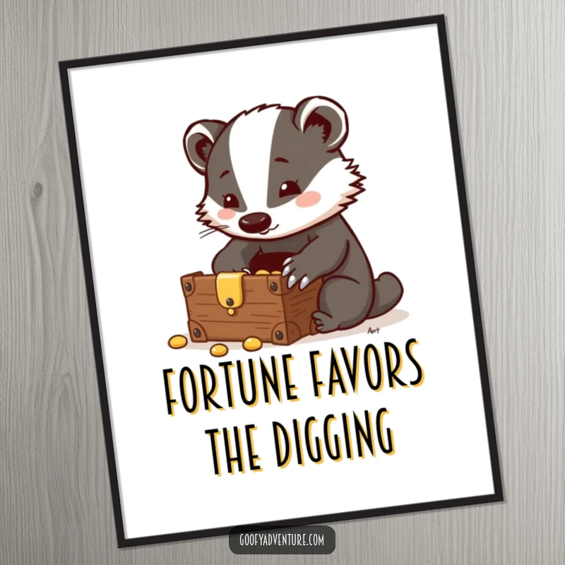 Funny Badger Poster: A clever badger finds a hidden treasure chest, a humorous artwork symbolizing discovery and hidden riches.