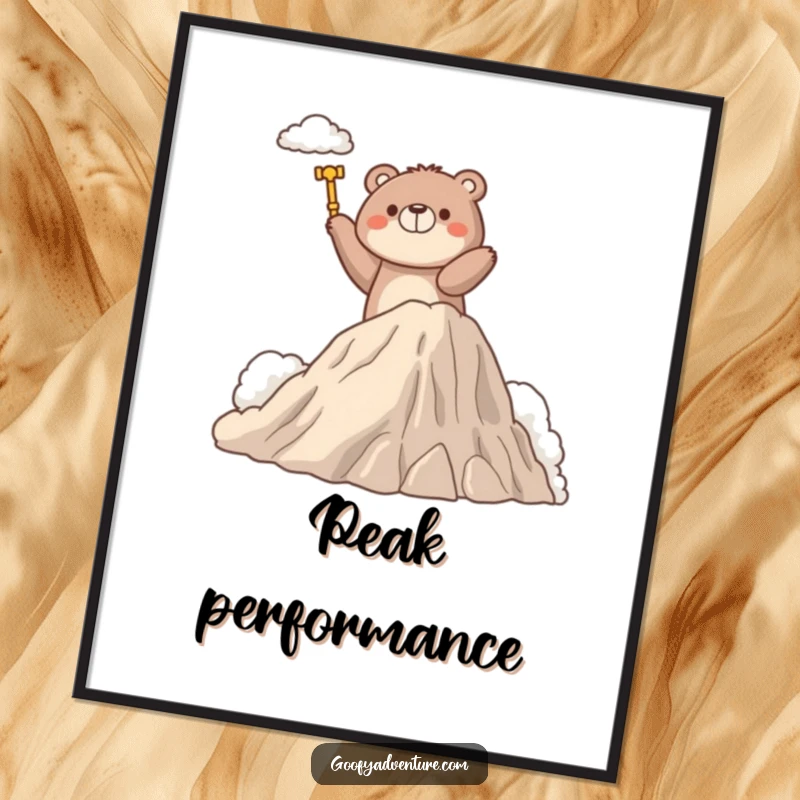 Funny poster illustrating a determined bear character's triumphant climb up a fluffy cloud mountain, conveying ambition and success.