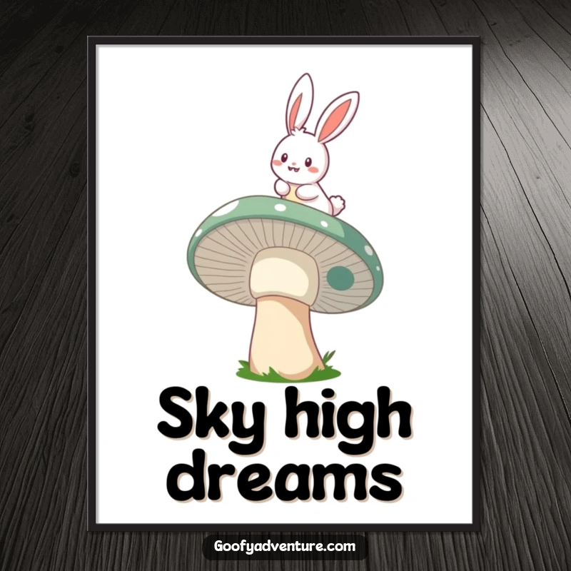 Funny cheerful bunny mushroom rider poster, depicting a whimsical flight through the air, magical and fun wall art.