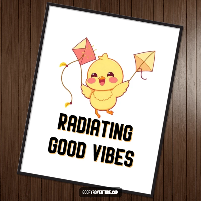 Funny Chick Poster: A joyous chick flies with a kite made of sunshine, bringing uplifting energy and happiness to any wall.