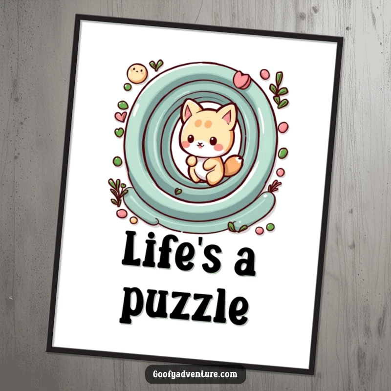 Funny kawaii animal character playfully navigating a whimsical maze, a vibrant and humorous wall art poster.