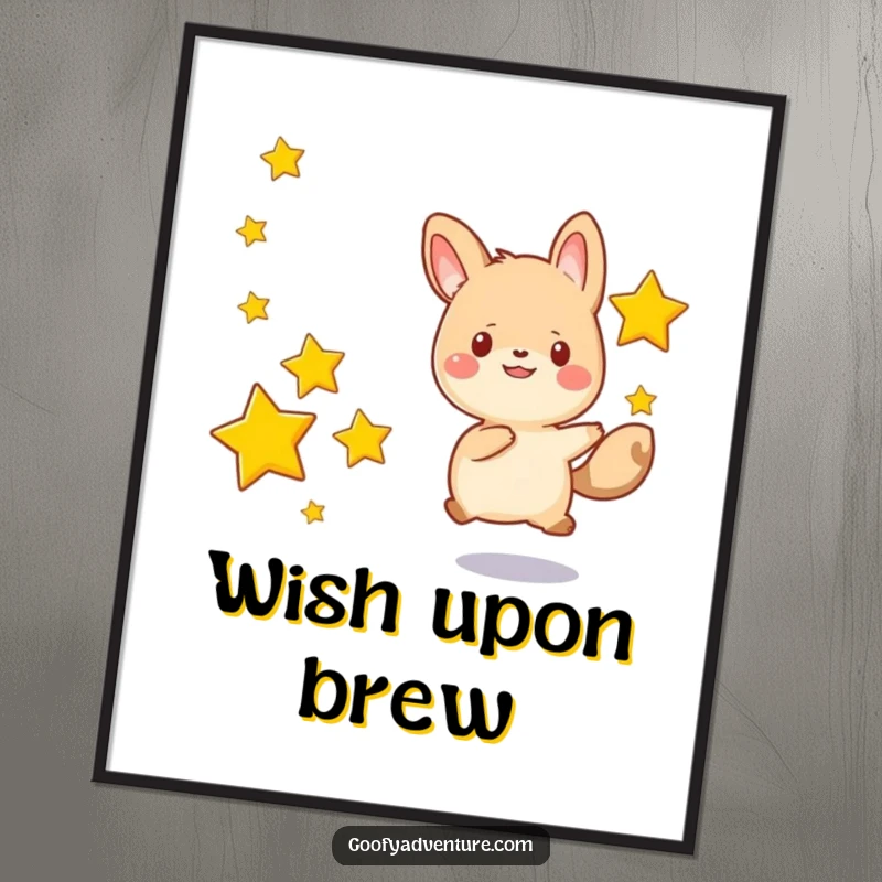 Funny kawaii animal character happily chasing after a series of drifting stars, a vibrant and humorous wall art poster.