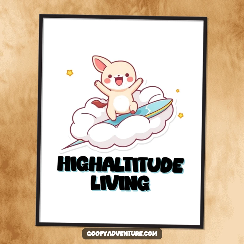 Funny kawaii animal character joyfully riding a fantastical cloud like a surfboard, creating a vibrant and exciting wall art piece.