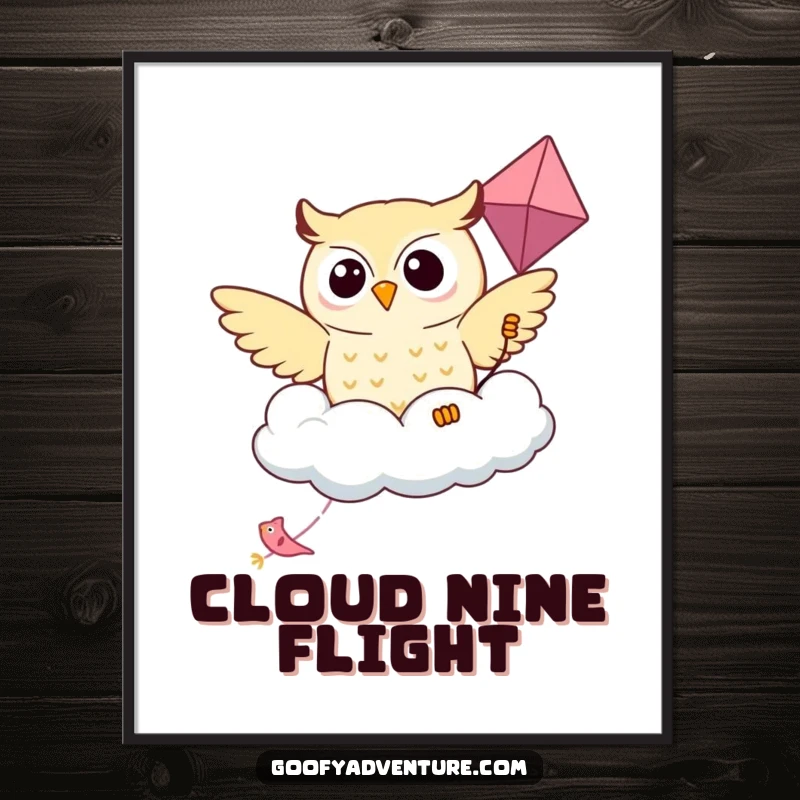 Funny Kawaii owl gracefully soaring on a kite resembling a friendly cloud, showcased in a poster.