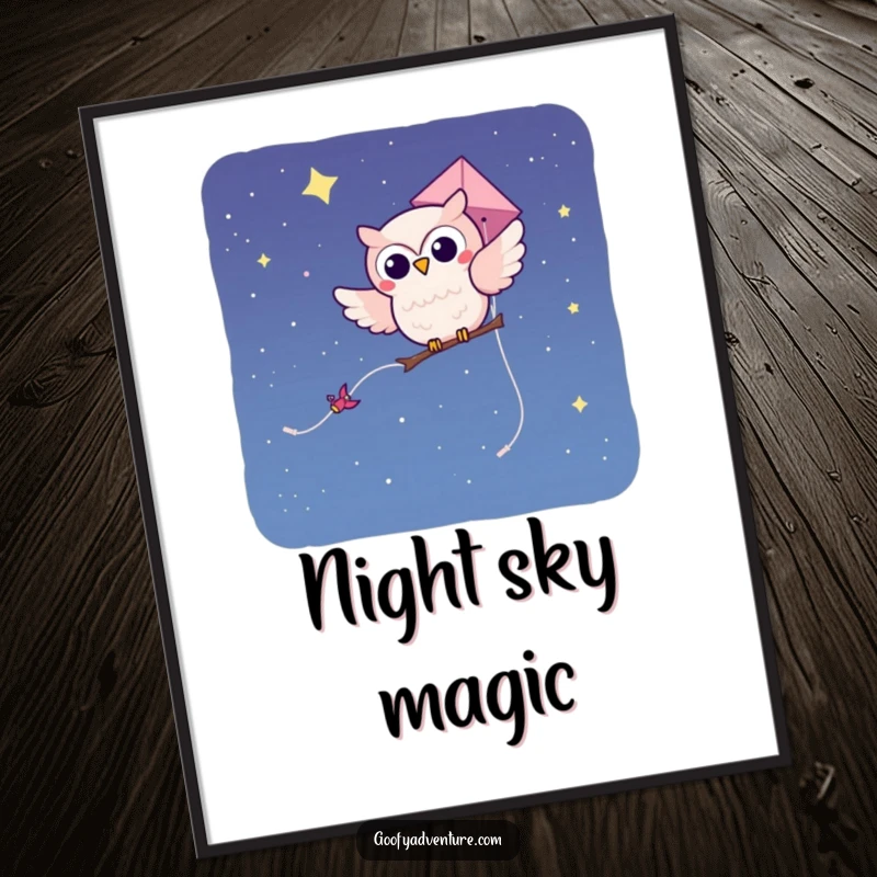 Funny kawaii owl character soaring on a kite across a vast, starry night sky, presented as a charming poster print.