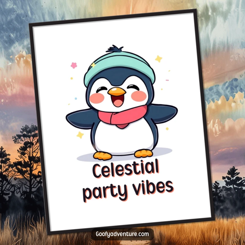 Funny poster print of a happy penguin playing with the vibrant, glowing lights of the aurora borealis.