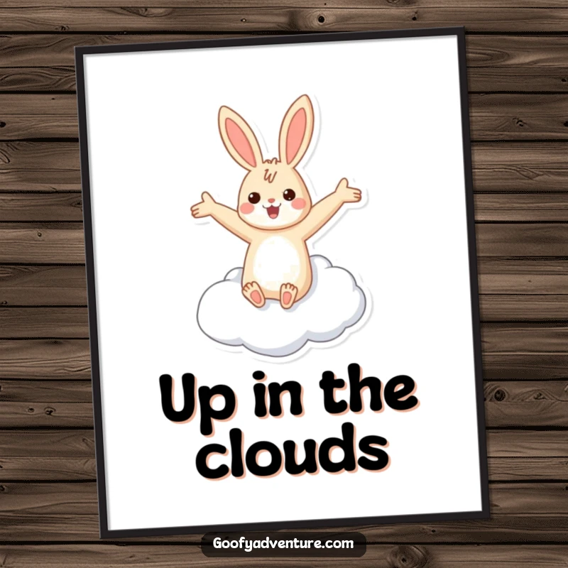 Funny rabbit flying cloud poster showing a cheerful rabbit with arms outstretched, riding a soft, fluffy cloud in a bright sky.