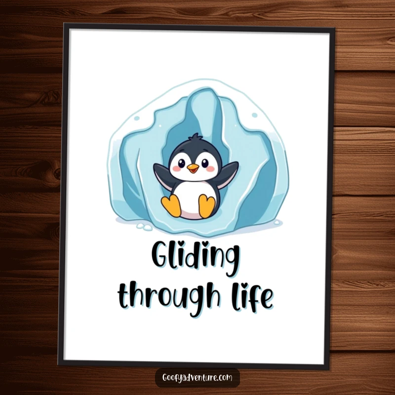 Funny playful penguin sliding down a giant icy glacier, vibrant poster art, winter fun theme, humorous wall decor.