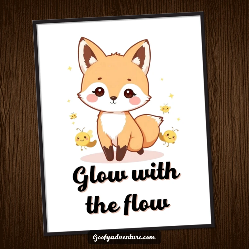 Funny kawaii fox character leading a whimsical parade of tiny, smiling fireflies, presented as vibrant wall art.