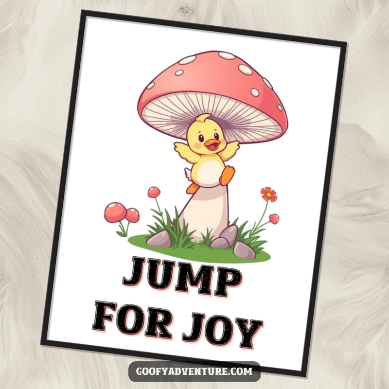 Funny duckling mushroom poster, a playful duckling launching itself from a giant, springy mushroom, whimsical and enchanting art.