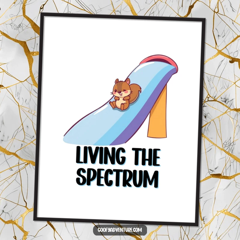 Funny squirrel character mid-slide down a huge rainbow on a poster, capturing pure exhilaration and fun, funny gift.