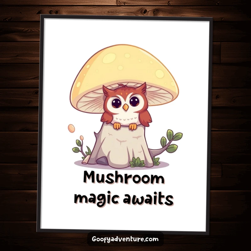 Funny poster featuring an inquisitive owl peeking from behind a giant, brightly glowing mushroom in a dark, enchanted forest.